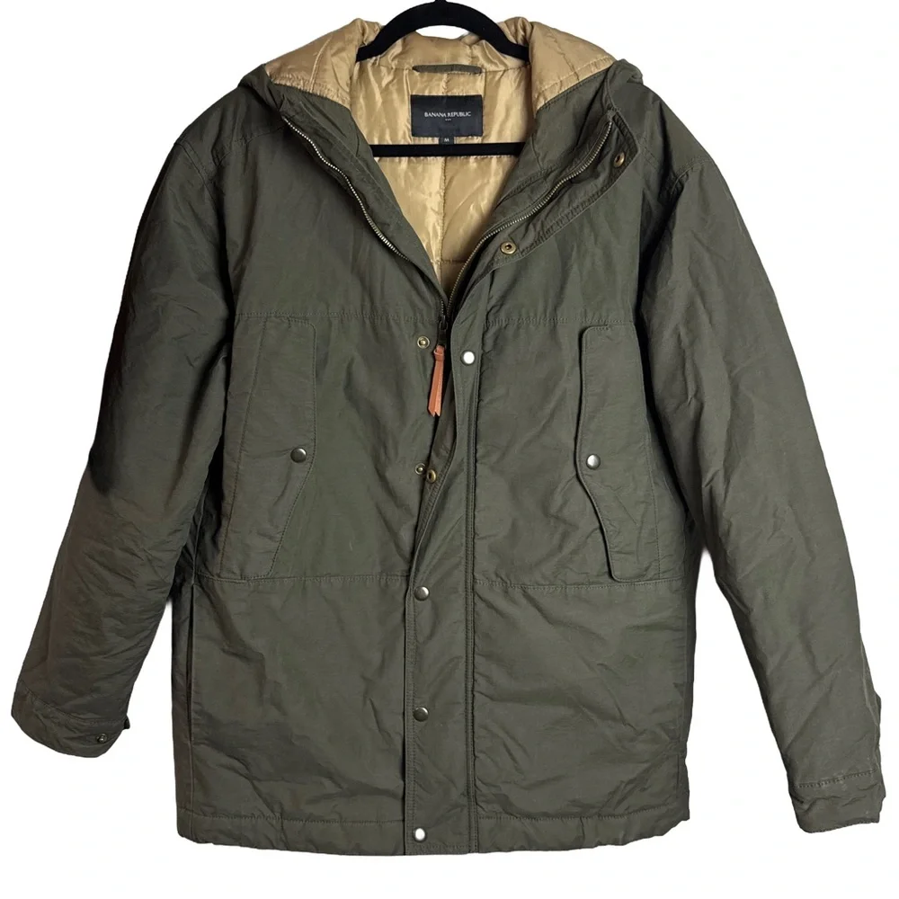 Banana Republic Men’s Parka Jacket Medium Olive Green Hooded Quilted Lined